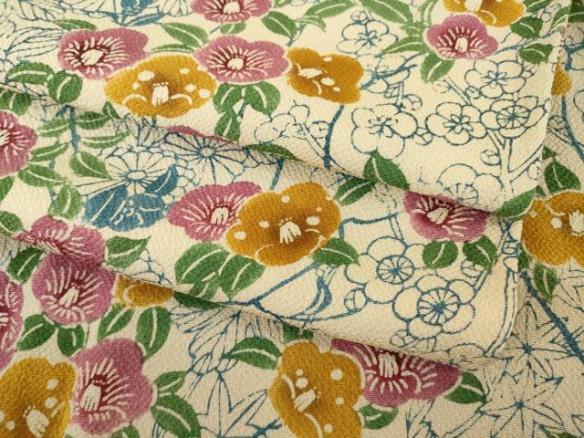 平和屋着物●上質な小紋　型染め　草花文　鬼しぼ縮緬　正絹　逸品　未使用　AABA1341ck