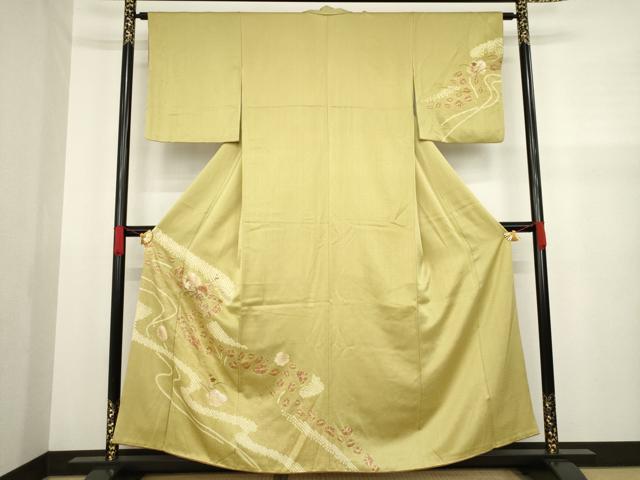 平和屋着物●訪問着　絞り　刺繍　花籬文　金彩　正絹　逸品　AABA1342ck