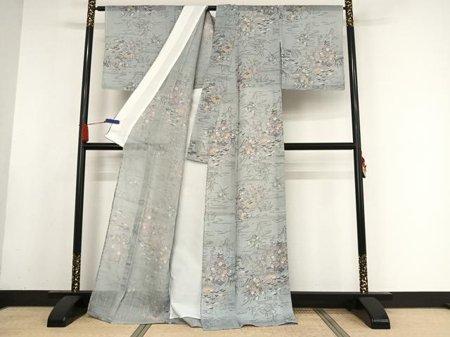 平和屋着物＊夏物 小千谷ちぢみ 風景草花文 麻 逸品 未使用 AABA2508np