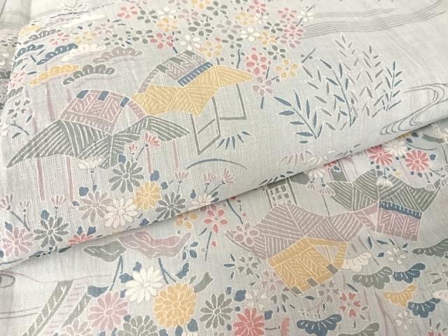 平和屋着物＊夏物 小千谷ちぢみ 風景草花文 麻 逸品 未使用 AABA2508np