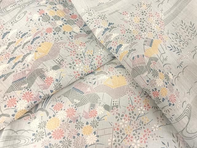 平和屋着物＊夏物　小千谷ちぢみ　風景草花文　麻　逸品　未使用　AABA2508np