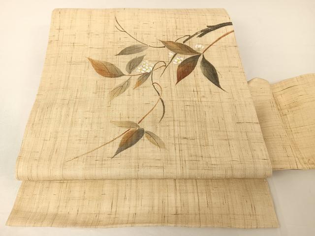 平和屋着物＊夏物　九寸名古屋帯　手描き　枝花文　麻　AABA2541np