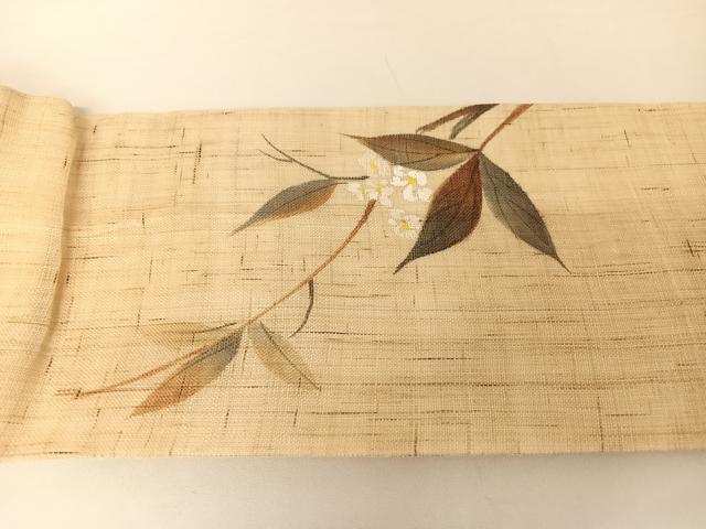 平和屋着物＊夏物　九寸名古屋帯　手描き　枝花文　麻　AABA2541np 平和屋着物＊夏物 九寸名古屋帯 手描き 枝花文 麻 AABA2541np