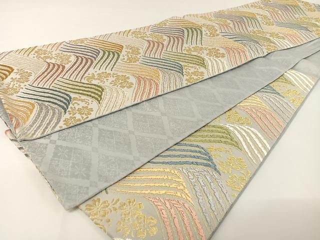 平和屋着物●西陣　丸勇　六通柄袋帯　有楽唐織　立波草花文　金糸　正絹　逸品　AABA2556np 平和屋着物○西陣 丸勇 六通柄袋帯 有楽唐織 立波草花文