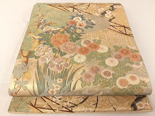 平和屋着物●秦生織物　太鼓柄袋帯　流水草花文　金糸　正絹　逸品　AABA2567np