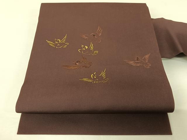 平和屋着物●京繍作家　合田峰太郎　塩瀬　九寸名古屋帯　手描き　雀　正絹　逸品　AABA2574np