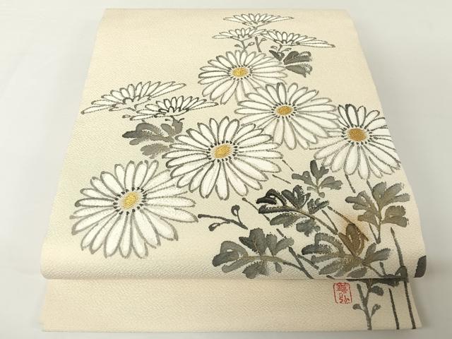 平和屋着物●人間国宝　森口華弘　蒔糊友禅　蒔糊散らし　九寸開き名古屋帯　手描き　刺繍　枝菊　金彩　鬼しぼ縮緬　逸品　AABA2589np