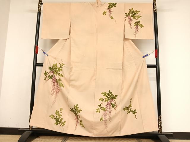 平和屋着物●訪問着　紬地　手描き　藤花房　金彩　正絹　逸品　AABA2646np