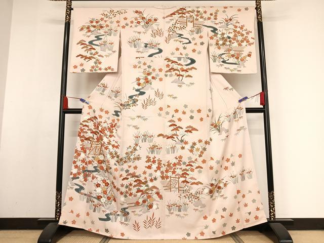 平和屋着物●訪問着　駒刺繍　流水草花文　金糸　金彩　正絹　逸品　未使用　AABA2667np
