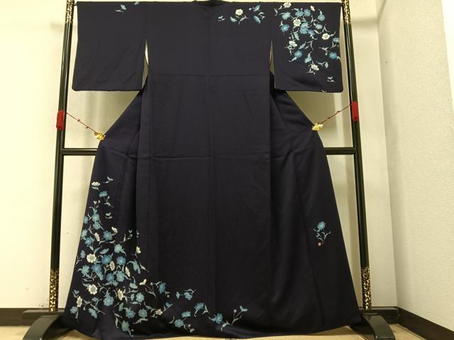 平和屋着物●訪問着　作家物　手描き　本藍　草花文　正絹　逸品　AABA2688ph