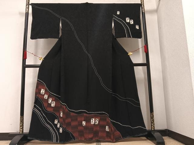 平和屋着物●訪問着　絞り　流水色紙文　黒地　正絹　逸品　AABA2738ph