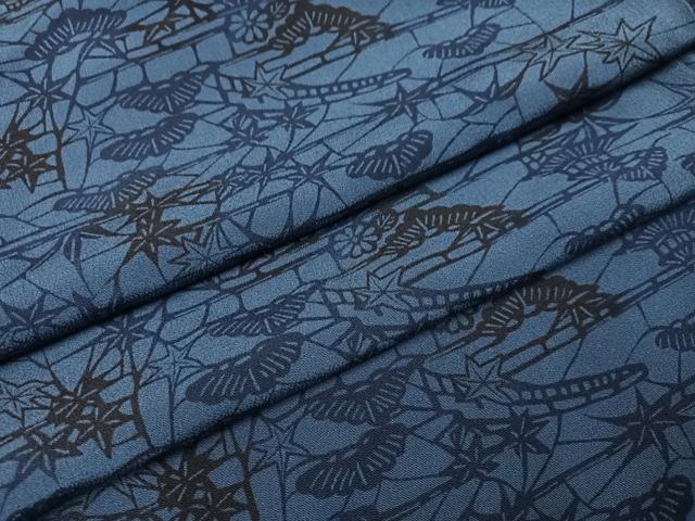 平和屋着物●上質な小紋　型染め　藍　風景草木文　正絹　逸品　AABA2739ph