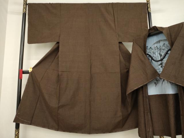 平和屋着物●男性　結城紬　アンサンブル　色無地　赤墨色　正絹　逸品　未使用　AABA3301ck