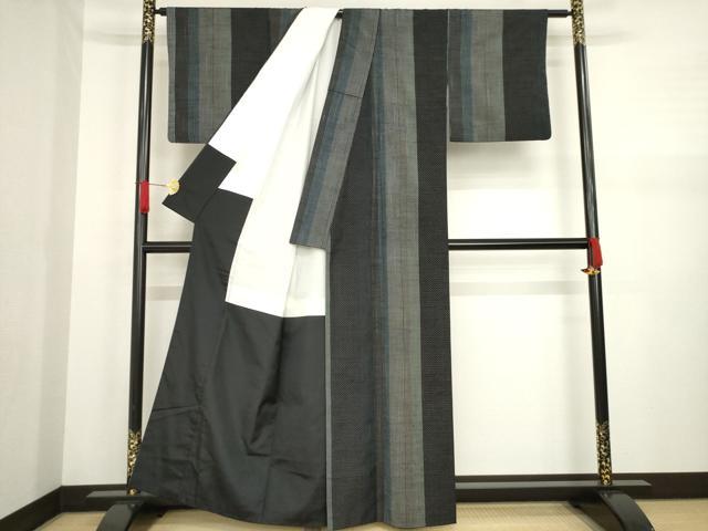 平和屋着物○上質な紬 間道 黒地 正絹 逸品 AABA3315ck