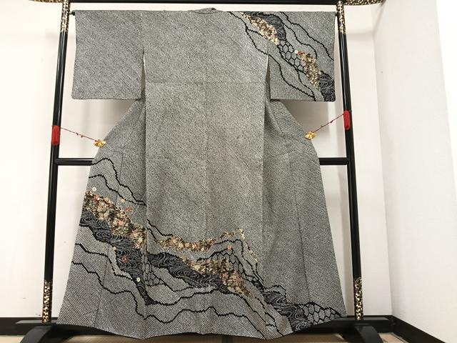 平和屋着物●訪問着　絞り　刺繍　草花文　黒地　金彩　正絹　逸品　AABA3771ph