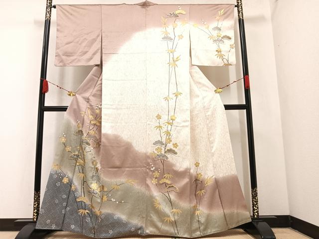 平和屋着物●訪問着　駒刺繍　松竹梅　暈し染め　金彩　正絹　逸品　AABA3809ph