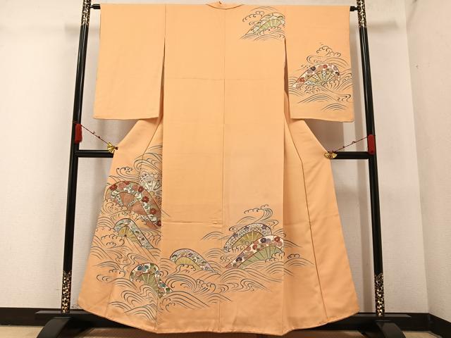 平和屋着物●訪問着　友禅　片輪車花立波文　金彩　正絹　逸品　AABA3818ph
