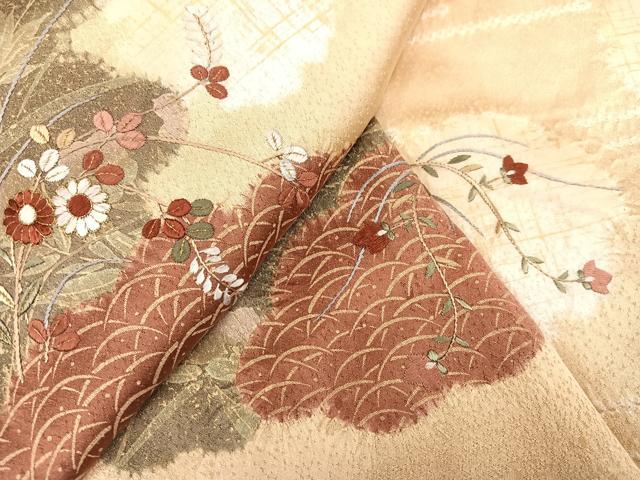 平和屋着物○訪問着 絞り 刺繍 遠山花文 正絹 逸品 AABC9963ck