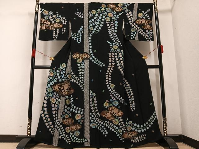 平和屋着物●訪問着　辻が花　絞り　黒地　金彩　正絹　逸品　AABA4360ph