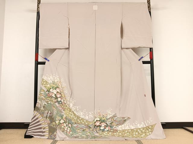 平和屋着物●十日町友禅作家　岡村蒼風　色留袖　松波　御所車草花文　浜ちりめん　仮絵羽　正絹　逸品　未使用　AABA4467np