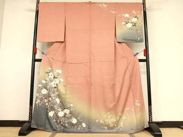 平和屋着物●訪問着　枝花文　暈し染め　金彩　銀通し地　正絹　逸品　AABA4486np