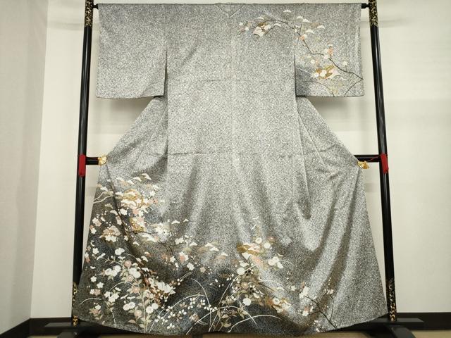 平和屋着物●訪問着　草花文　黒地　金彩　正絹　逸品　AABA4606ck