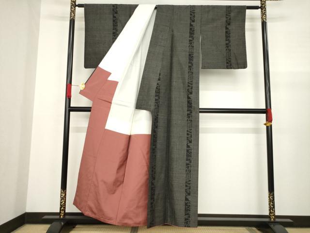 平和屋着物○結城紬 100亀甲 吉祥間道 黒地 正絹 逸品 AABA4630ck