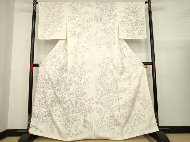 平和屋着物●訪問着　紬地　手描き　草花文　正絹　逸品　AABA4668ck