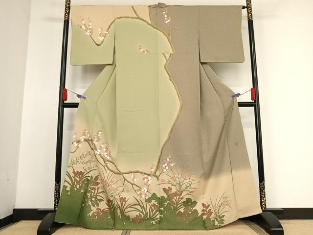 平和屋着物●染芸研究所　創め司　奥村右子　訪問着　枝花文　暈し染め　金彩　正絹　逸品　AABA4927np