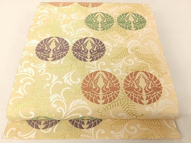 平和屋着物●俵屋　人間国宝　喜多川平朗  有職織物　六通柄袋帯　唐織　向かい鶴シダ文　金糸　正絹　逸品　AABA4954np