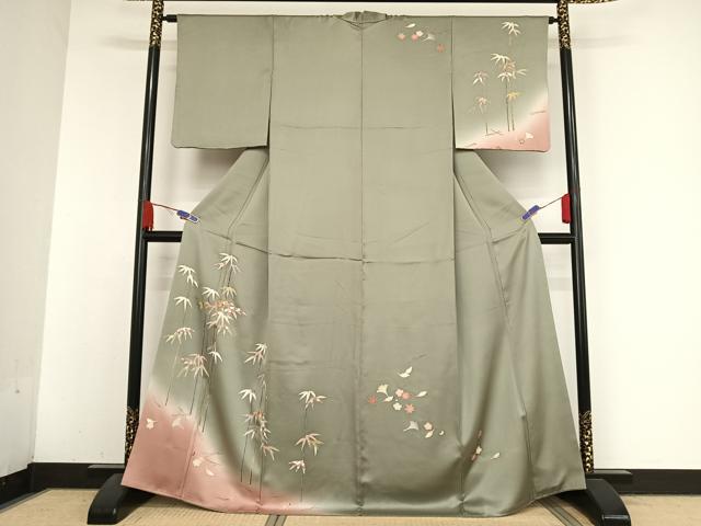 平和屋着物●訪問着　友禅　刺繍　笹竹に吹き寄せ　暈し染め　金彩　正絹　逸品　AABA4979np