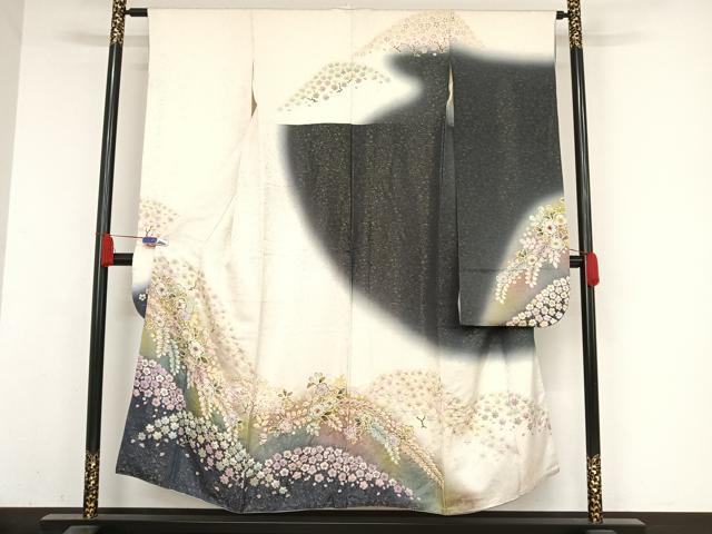 平和屋着物●越後十日町の一流染匠　桐屋・翠山工房　徳永憲峯　振袖　辻が花　絞り　暈し染め　金彩　銀通し地　正絹　逸品　AABA4984np