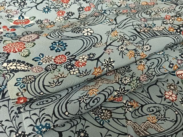 平和屋着物●上質な小紋　型染め　流水花文　正絹　逸品　AABA5012np