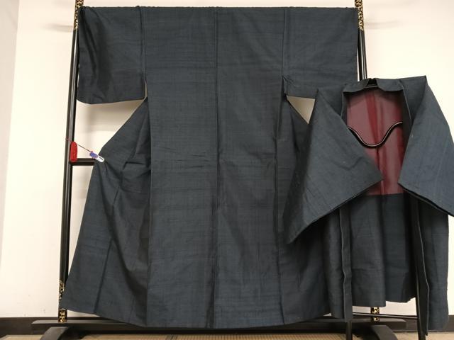 平和屋着物●男性　紬　アンサンブル　色無地　留紺色　キングサイズ　正絹　逸品　AABA5022np