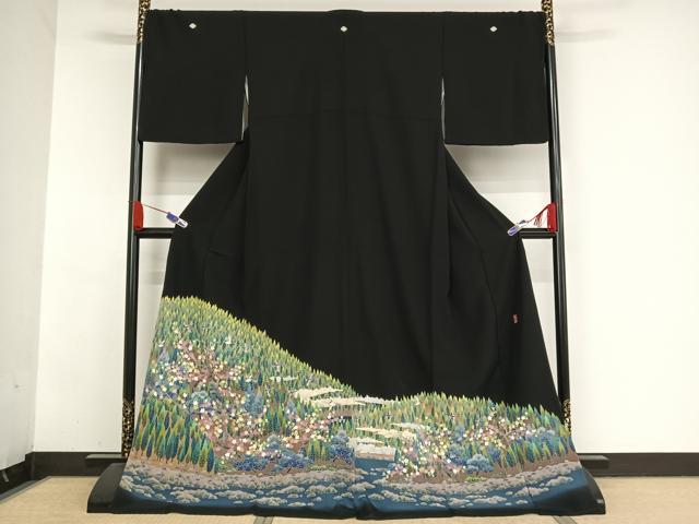 平和屋着物●本加賀友禅作家　高野富夫　黒留袖　樹林風景飛鳥文　ロング丈　正絹　逸品　AABA5058np