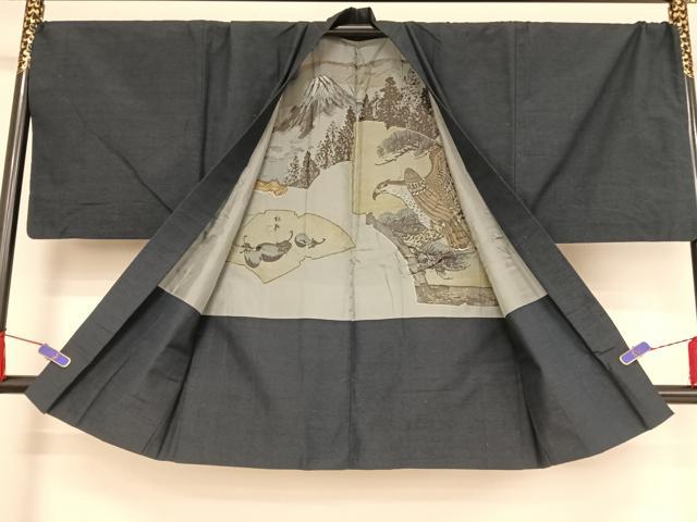 平和屋着物○男性 紬 アンサンブル 色無地 濃藍色 正絹 逸品 AABA5070np