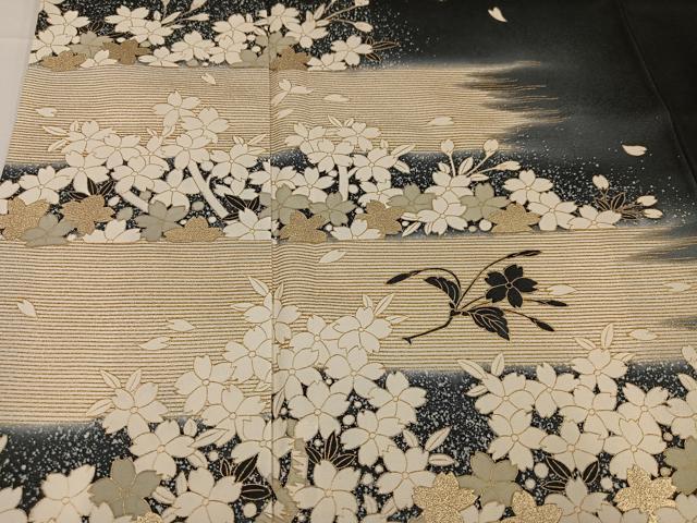 平和屋着物○男性 訪問着 桜 暈し染め 黒地 金彩 正絹 逸品 AABA5213ph