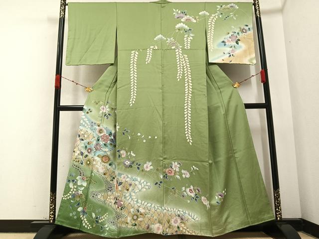 平和屋着物●訪問着　駒刺繍　草花文　暈し染め　金彩　正絹　逸品　未使用　AABA5280ph