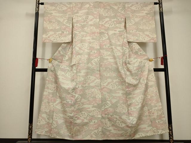 平和屋着物▽お召　単衣　風景文　正絹　逸品　AABA5454sx