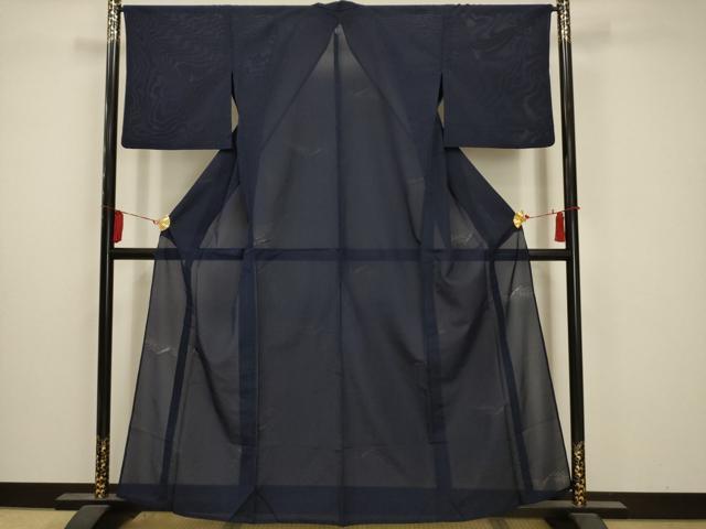 平和屋着物＊夏物　色無地　縦絽　笹竹紋紗　濃藍色　正絹　逸品　AABA5516sx