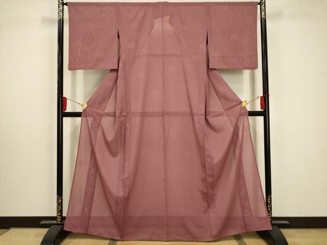 平和屋着物＊夏物　色無地　絽　楓紋紗　蘇芳香色　洗える着物　AABA5564sx