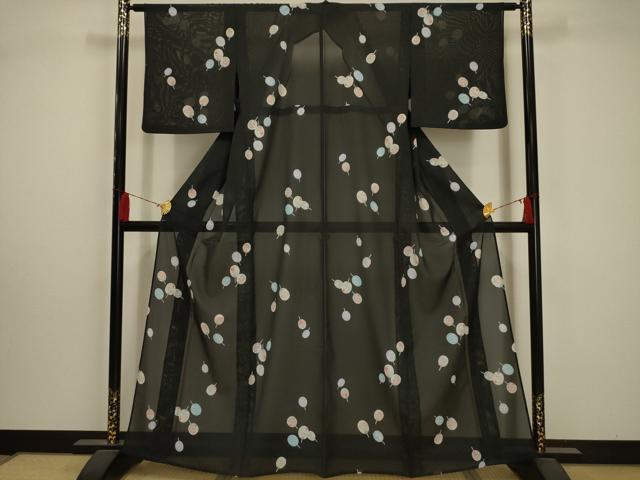 平和屋着物＊夏物　小紋　絽　団扇　黒地　洗える着物　AABA5572sx