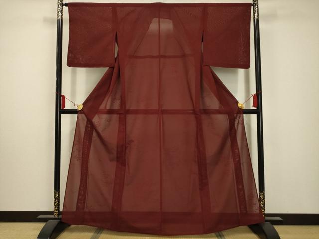 平和屋着物＊夏物　色無地　絽　花籬紋紗　赤銅色　洗える着物　AABA5673sx