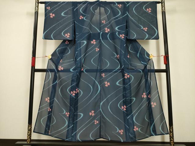 平和屋着物＊夏物　小紋　絽　流水花文　洗える着物　AABA5739sx_1
