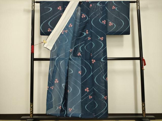 平和屋着物＊夏物　小紋　絽　流水花文　洗える着物　AABA5739sx_2