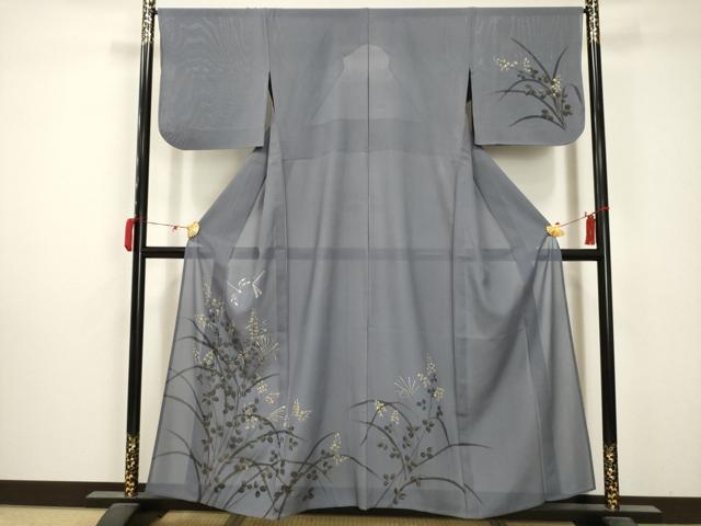 平和屋着物＊夏物　訪問着　絽　手描き　秋草　勝虫　金銀彩　正絹　逸品　AABA5753sx
