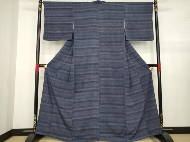 平和屋着物○江戸小紋 本藍 横段文 正絹 逸品 AABA6701ck