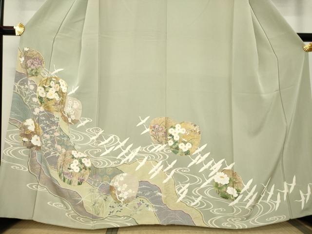 平和屋着物○訪問着 駒刺繍 流水飛鶴花丸文 金彩 正絹 逸品