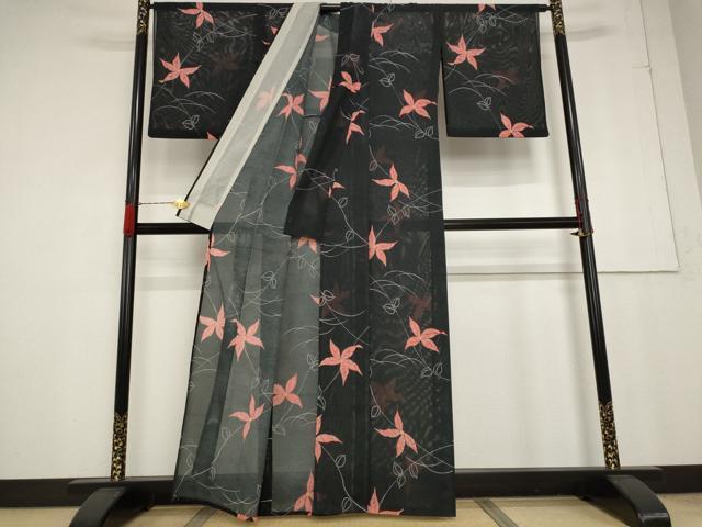 平和屋着物＊夏物 小紋 絽 舞花文 黒地 洗える着物 AABA6848st