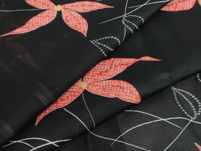 平和屋着物＊夏物　小紋　絽　舞花文　黒地　洗える着物　AABA6848st
